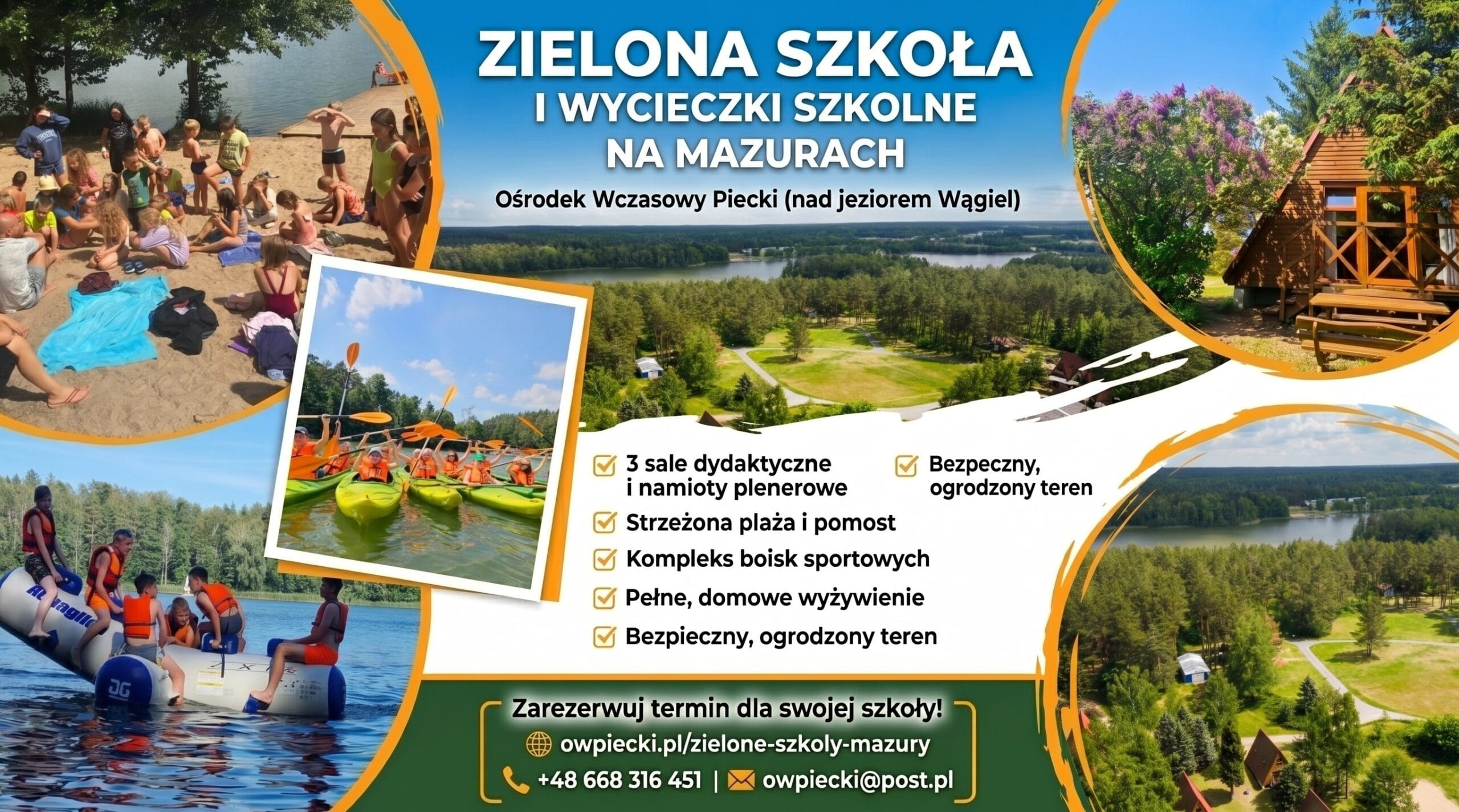 Grupa młodzieży szkolnej w kamizelkach ratunkowych podczas spływu kajakowego po malowniczym jeziorze na Mazurach w słoneczny dzień.